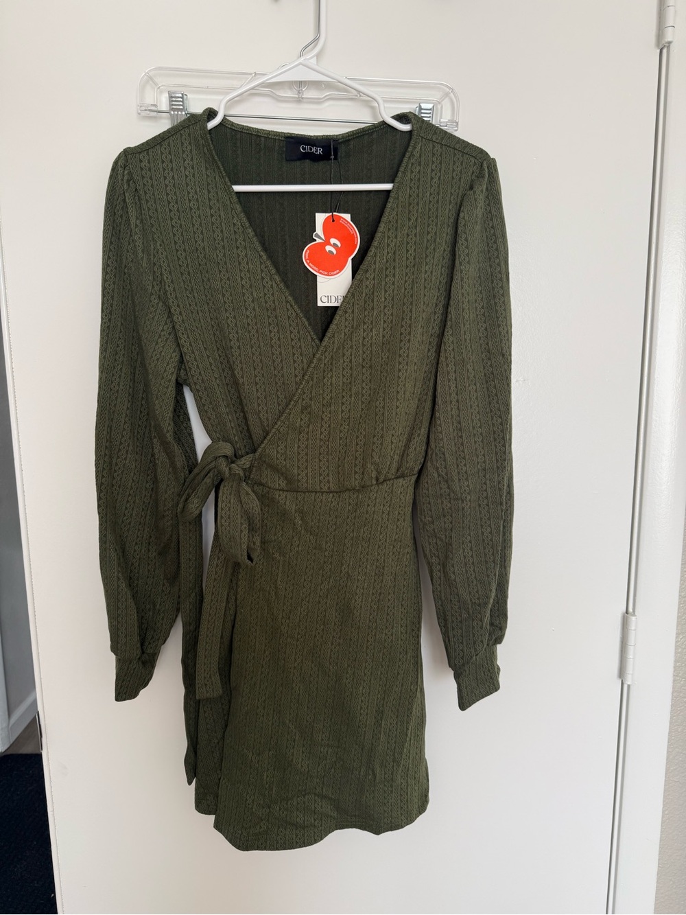 Cider Olive Wrap-Front Long Sleeve Dress